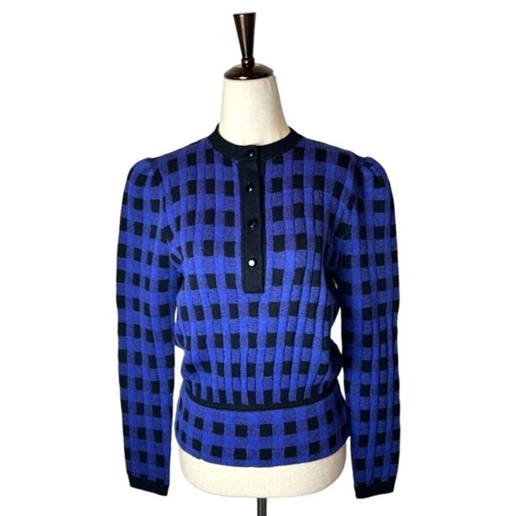 St John Sweater Women Size 6 Purple Black Checked Puff Sleeve Vintage Retro Knit - Picture 1 of 9